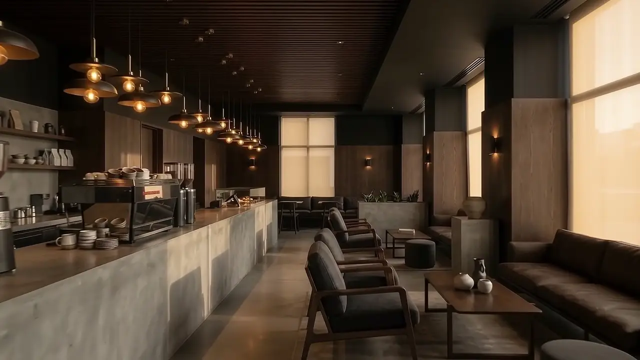 Interior lounge of Nova Coffee with glowing amber pendant lights